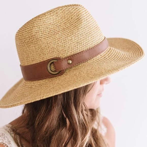 Accessories - LAST ONE!! Tan Panama Hat With Faux Leather Band